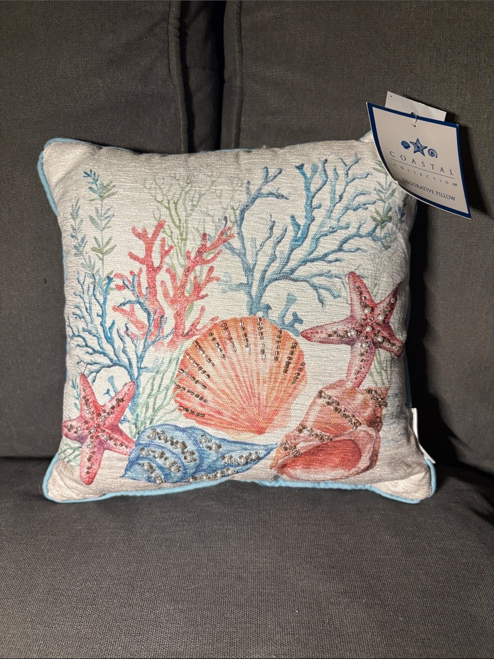 Coral Seas Coastal Collection Throw Pillow - White with Coral Accents 12x12